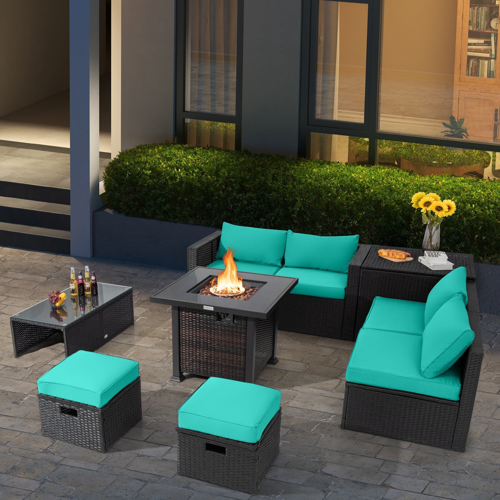 9 Pieces Patio Furniture Set with 32” Fire Pit Table and 50000 BTU Square Propane Fire Pit, Turquoise Outdoor Seating & Patio Chairs at Gallery Canada
