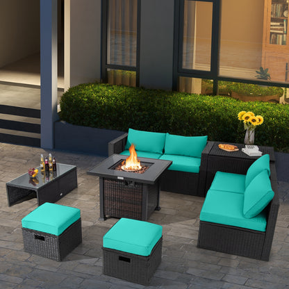 9 Pieces Patio Furniture Set with 32” Fire Pit Table and 50000 BTU Square Propane Fire Pit, Turquoise Outdoor Seating & Patio Chairs at Gallery Canada
