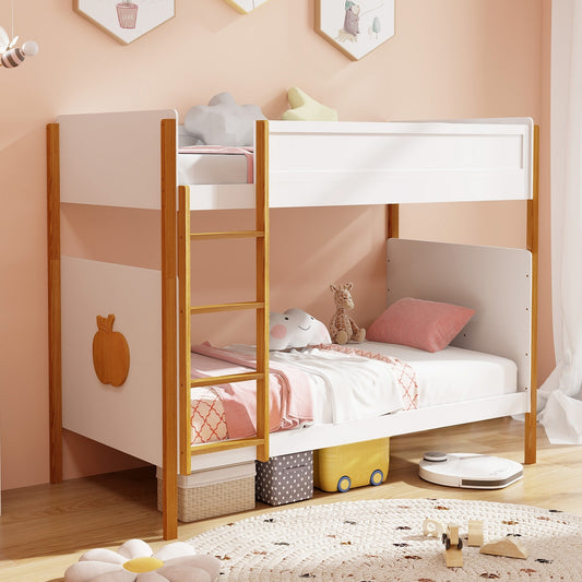 Twin Over Twin Bunk Bed with Integrated Ladder and Safety Guardrails-Twin Size, White Bunk Bed Frame White at Gallery Canada