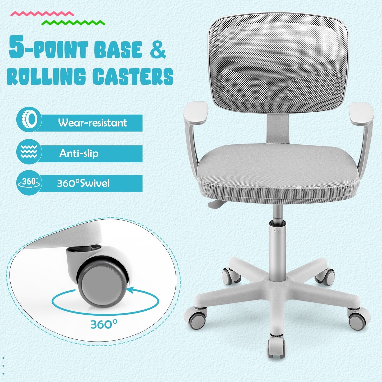 Adjustable Desk Chair with 5 Rolling Casters for Kids, Gray