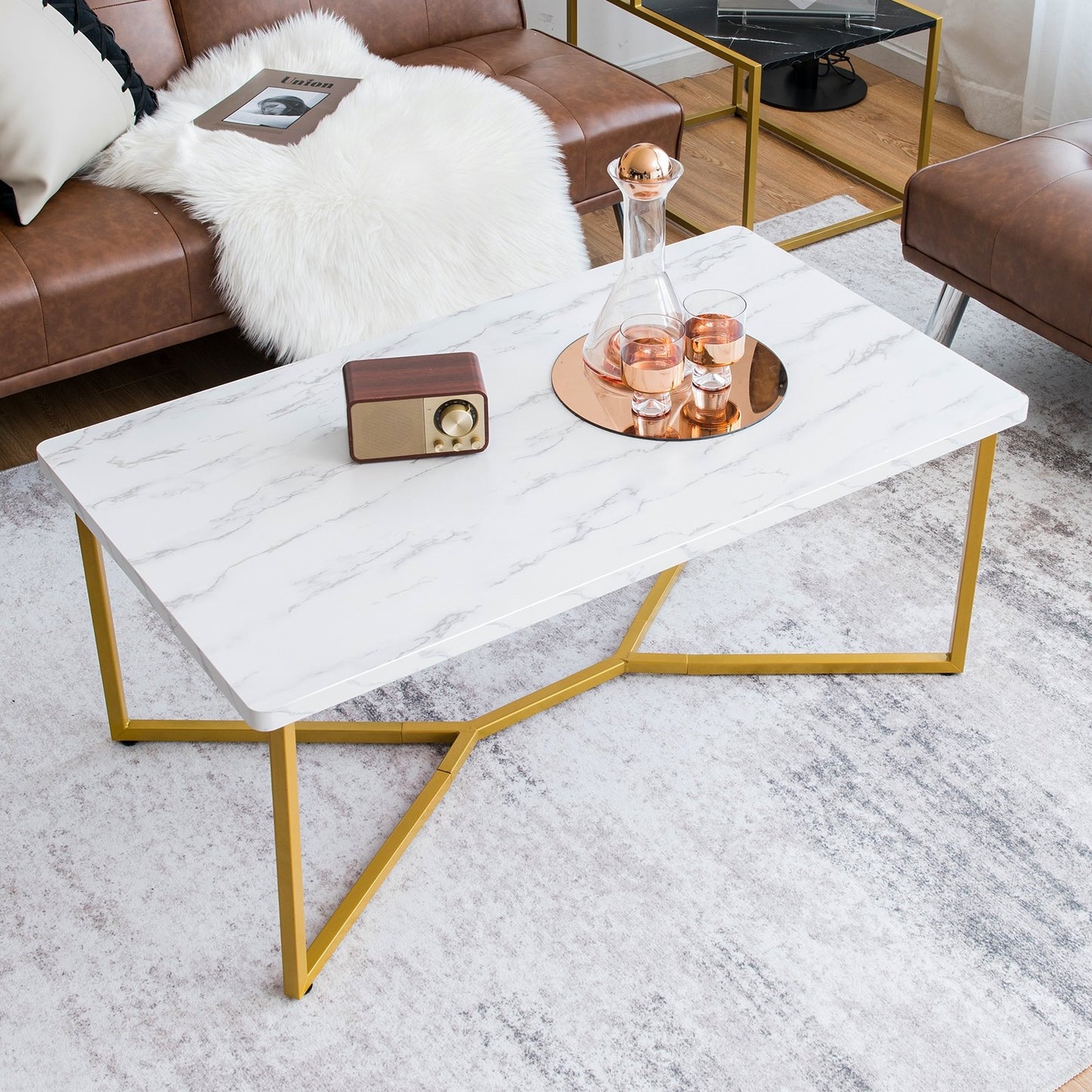 White Faux Marble Coffee Table with Gold Finished Metal Frame