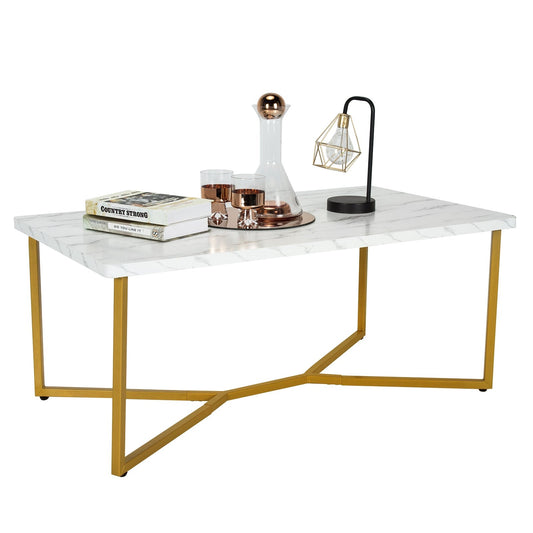 White Faux Marble Coffee Table with Gold Finished Metal Frame - Gallery Canada