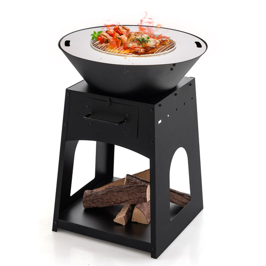 Patio Fire Pit With Firewood Log Rack, Grill, Ash Box, Black Fire Pits Black at Gallery Canada