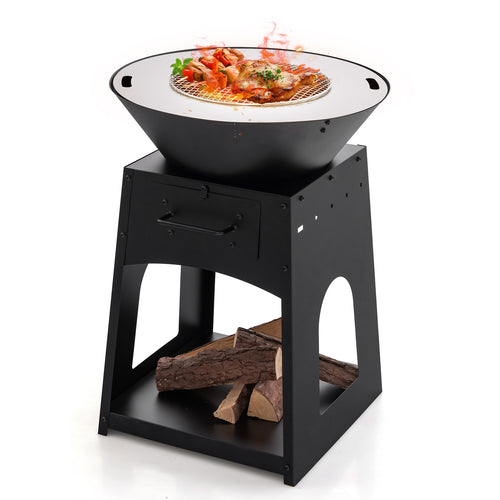 Patio Fire Pit With Firewood Log Rack, Grill, Ash Box, Black