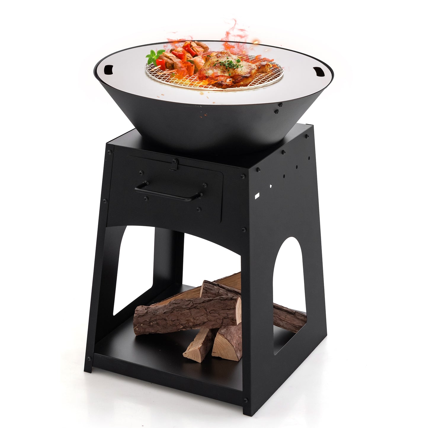 Patio Fire Pit with Firewood Log Rack with Grill and Ash Box, Black Fire Pits Black at Gallery Canada