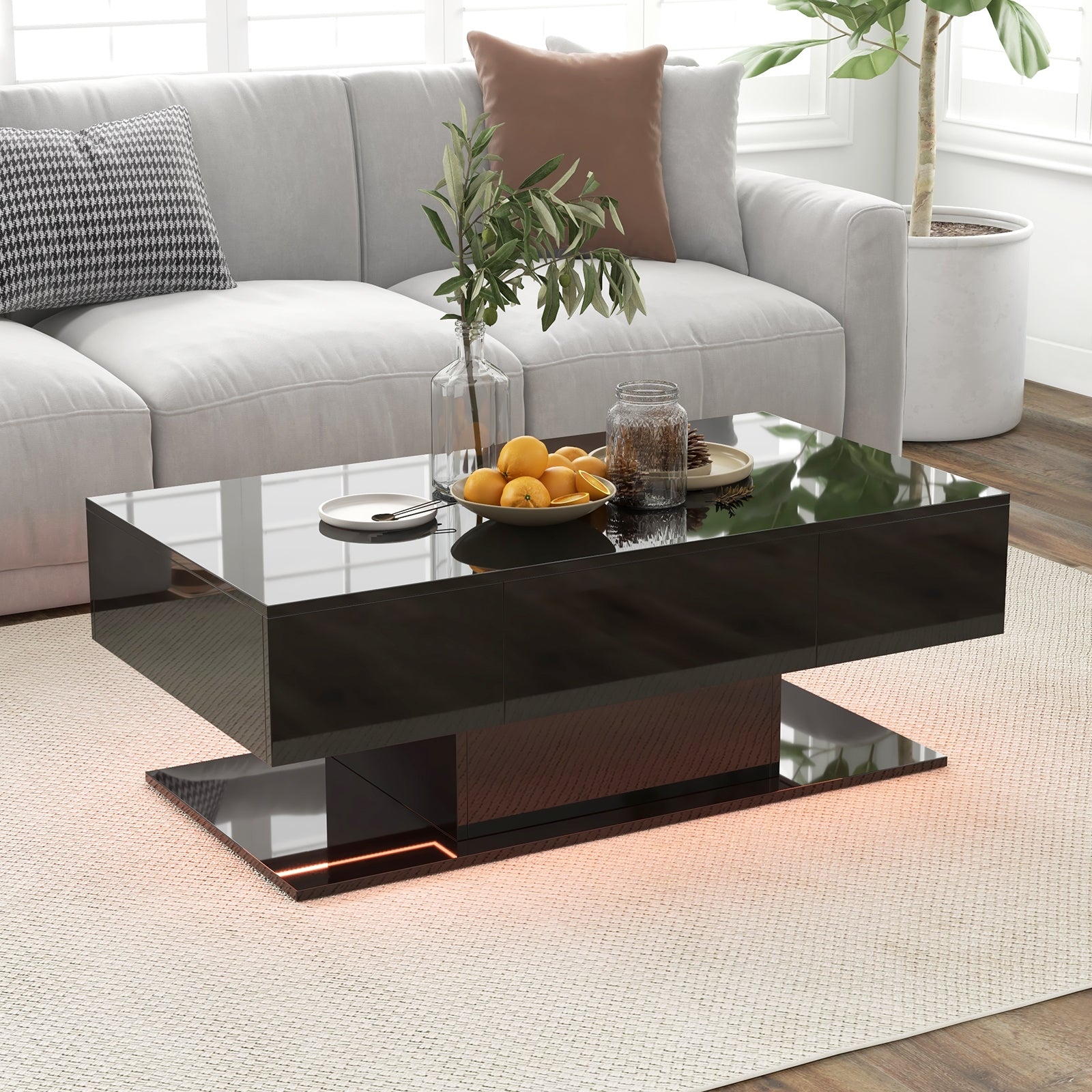 Modern LED Coffee Table with 20 Color LED Lights and 2 Storage Drawers, Black Coffee Tables at Gallery Canada