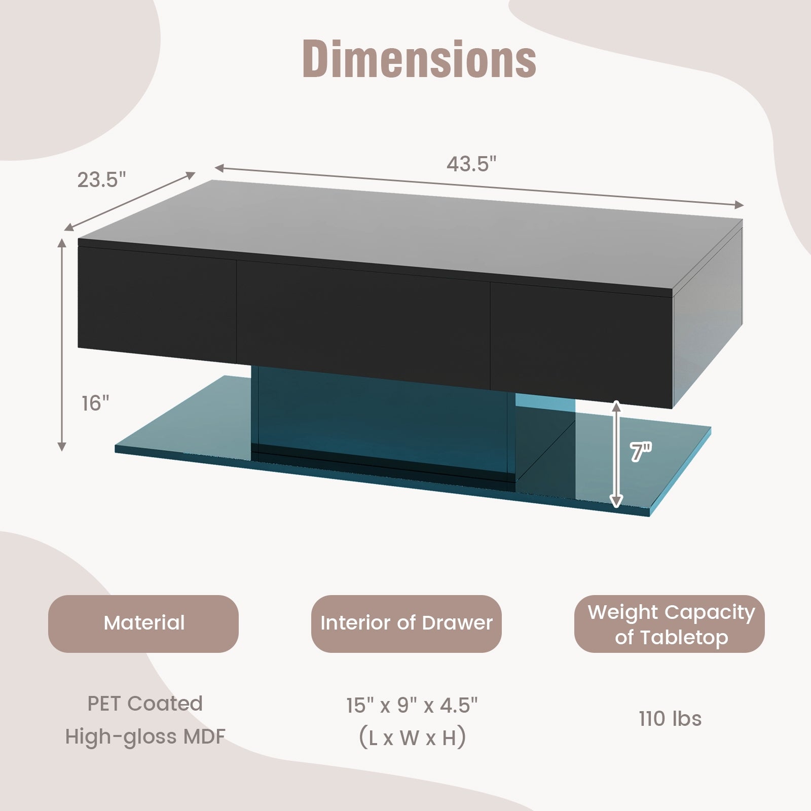Modern LED Coffee Table with 20 Color LED Lights and 2 Storage Drawers, Black Coffee Tables at Gallery Canada