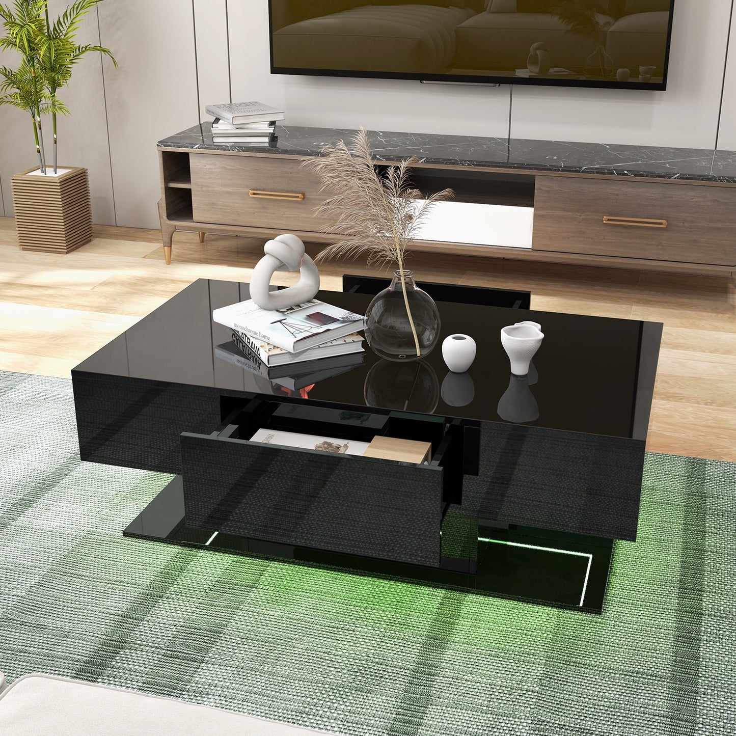 Modern LED Coffee Table with 20 Color LED Lights and 2 Storage Drawers, Black Coffee Tables at Gallery Canada