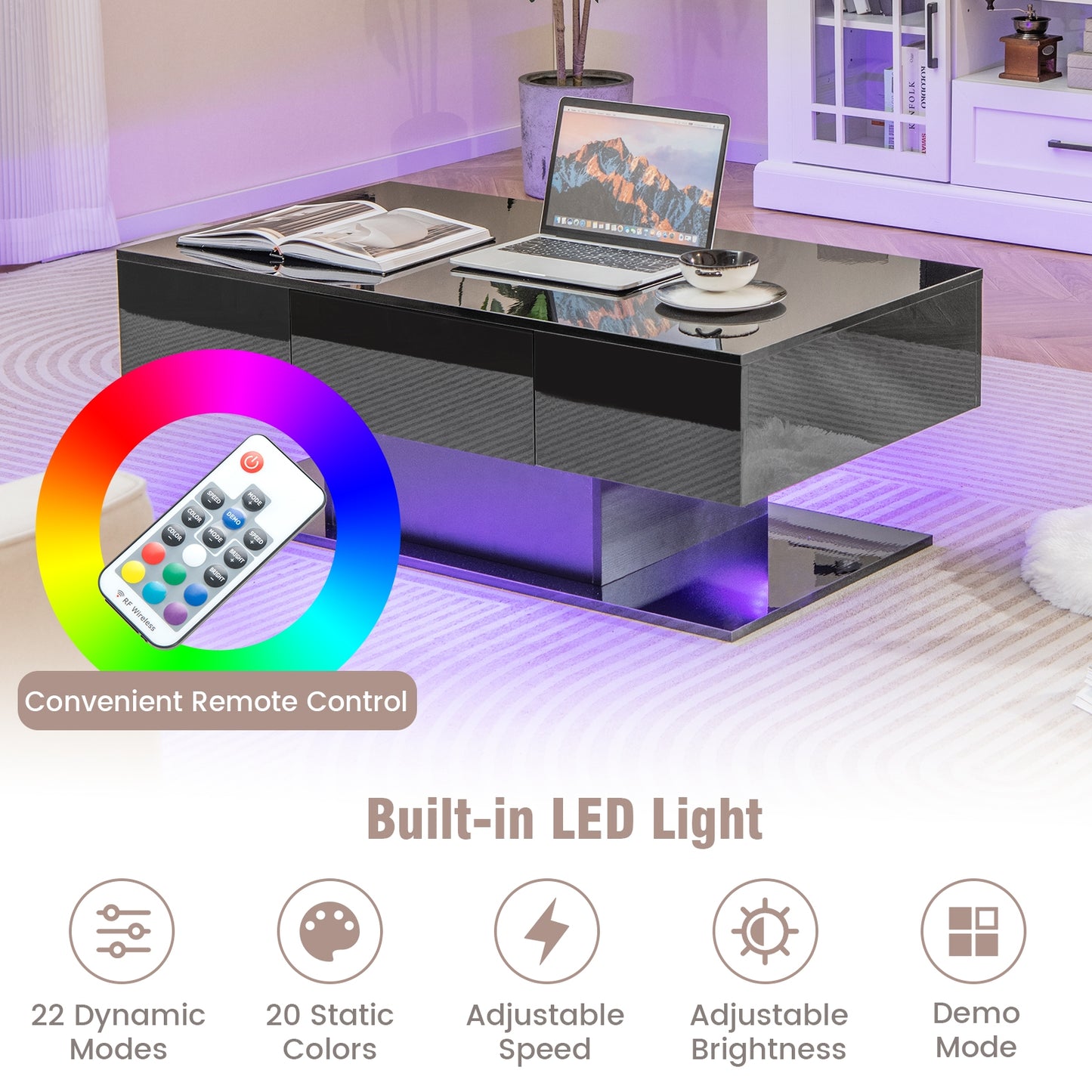 Modern LED Coffee Table with 20 Color LED Lights and 2 Storage Drawers, Black Coffee Tables at Gallery Canada