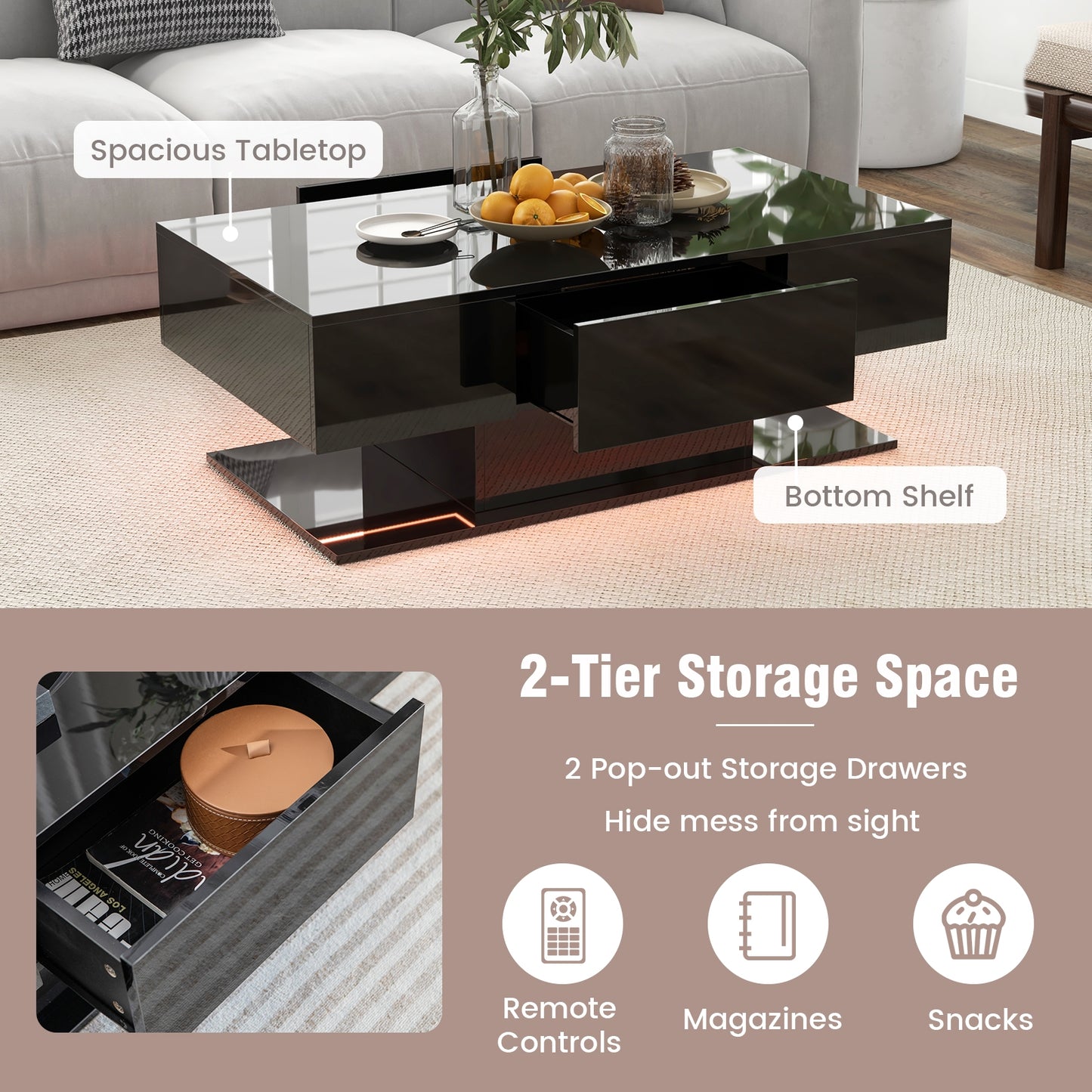 Modern LED Coffee Table with 20 Color LED Lights and 2 Storage Drawers, Black Coffee Tables at Gallery Canada