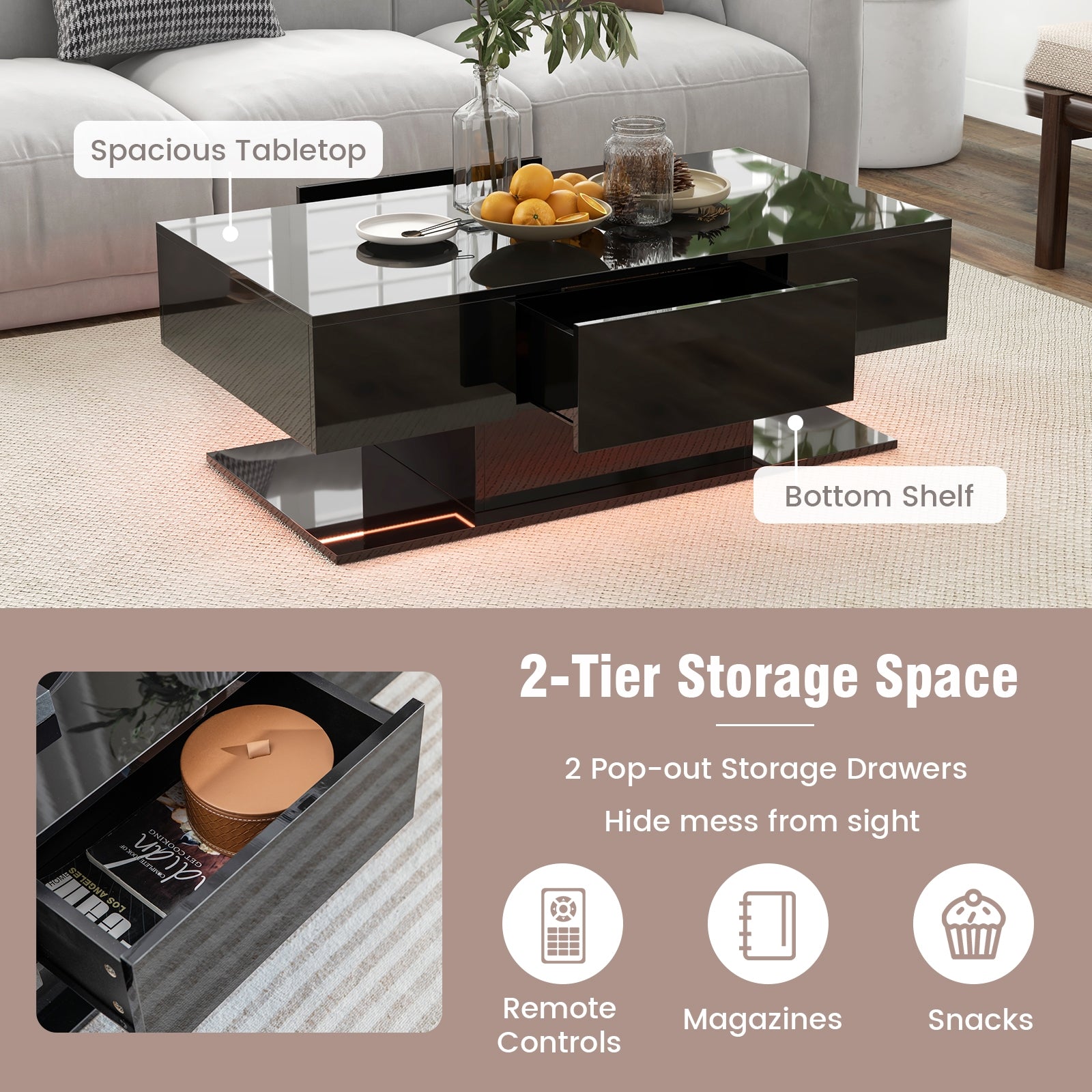 Modern LED Coffee Table with 20 Color LED Lights and 2 Storage Drawers, Black Coffee Tables at Gallery Canada