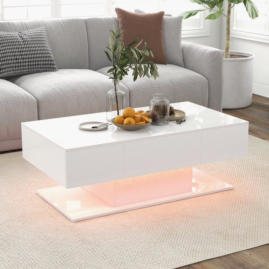 Modern LED Coffee Table with 20 Color LED Lights and 2 Storage Drawers, White - Gallery Canada