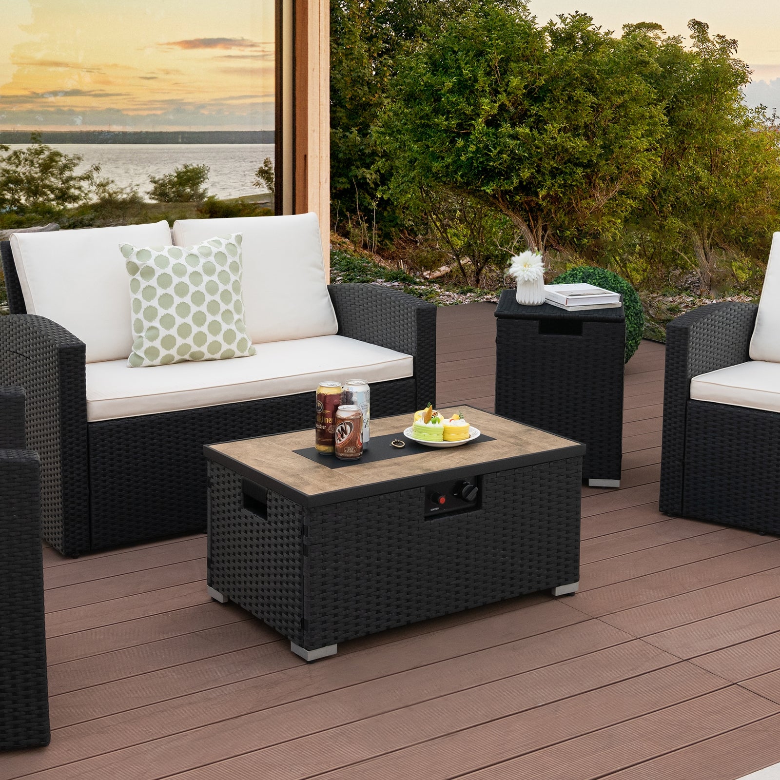 32 Inch x 20 Inch Propane Rattan Fire Pit Table Set with Side Table Tank and Cover at Gallery Canada