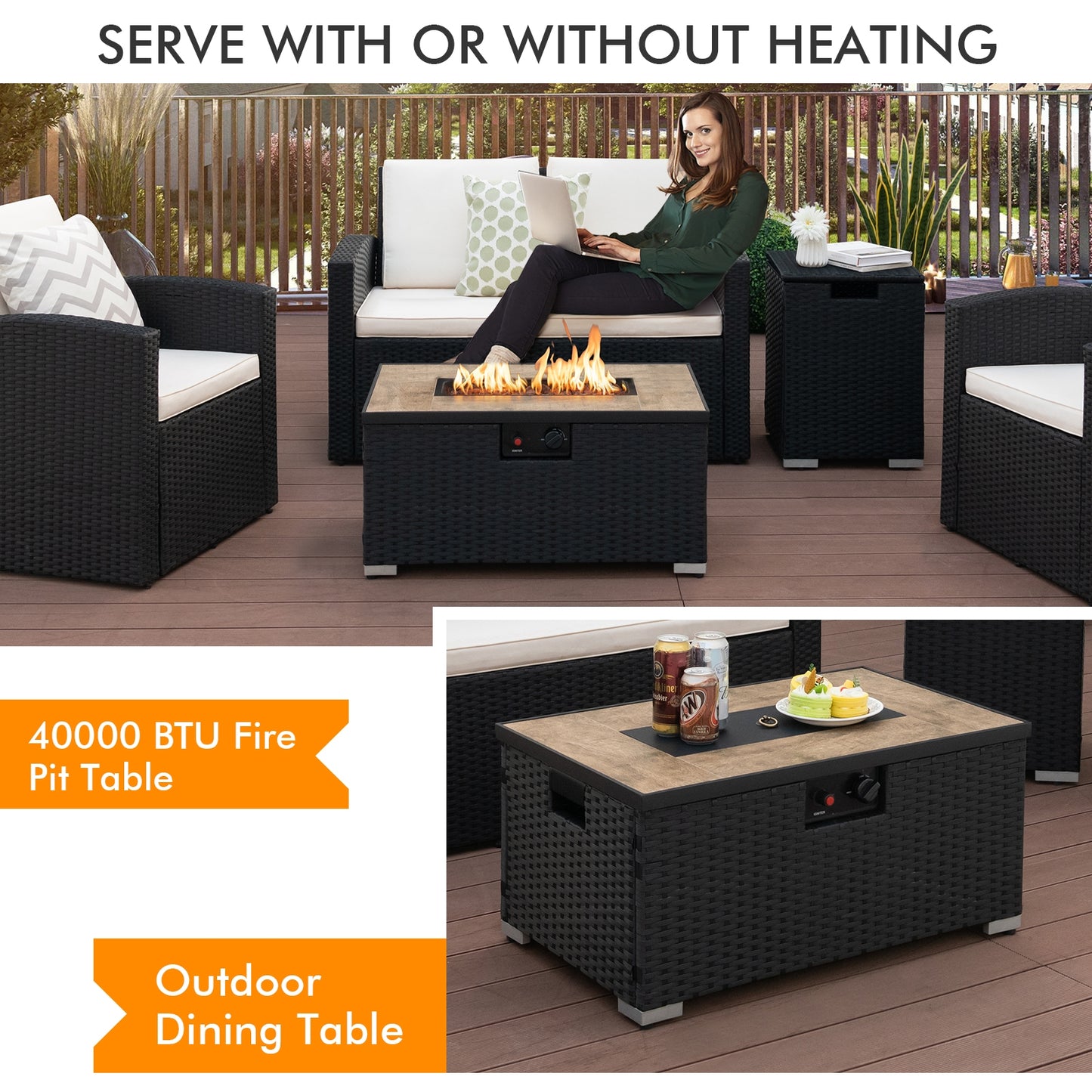32 Inch x 20 Inch Propane Rattan Fire Pit Table Set with Side Table Tank and Cover at Gallery Canada