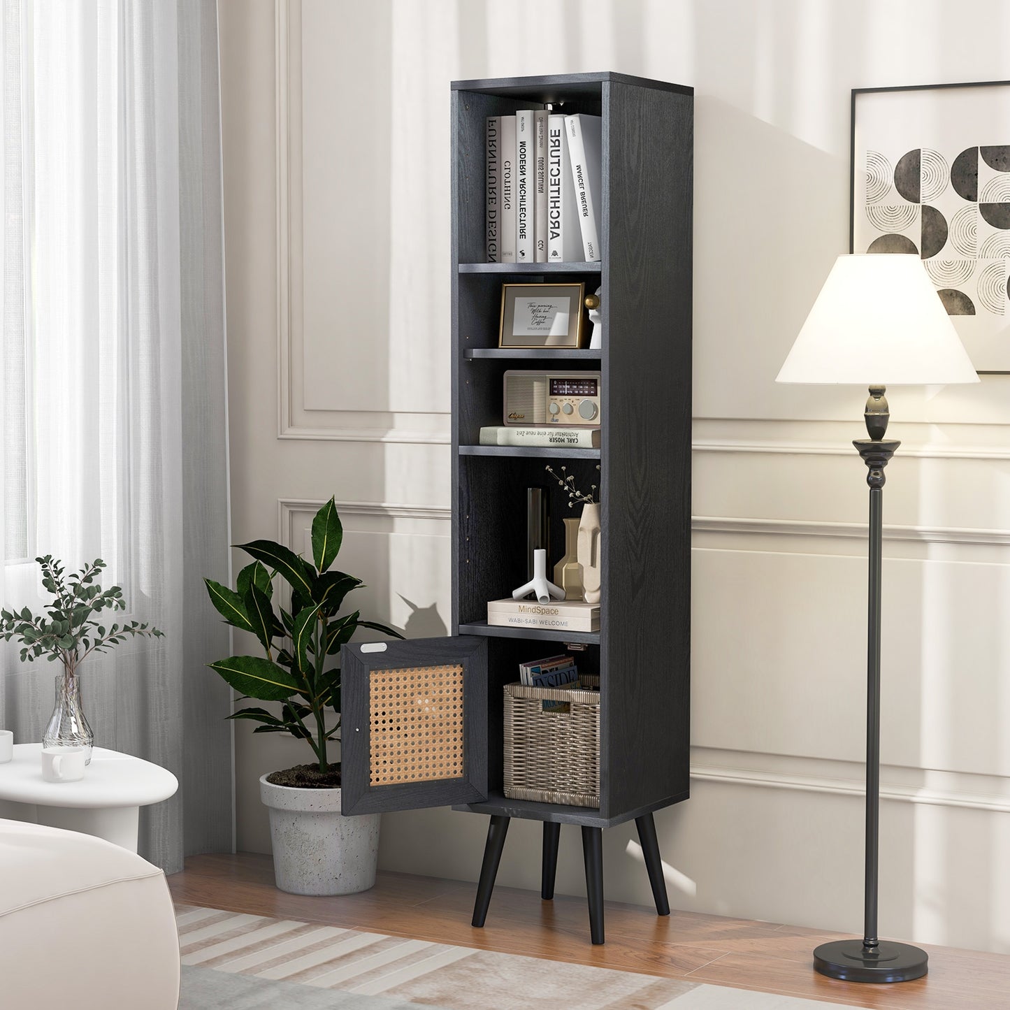 4 Tiers Rattan Storage Cabinet with Slim Design, Black Cabinets & Chests at Gallery Canada