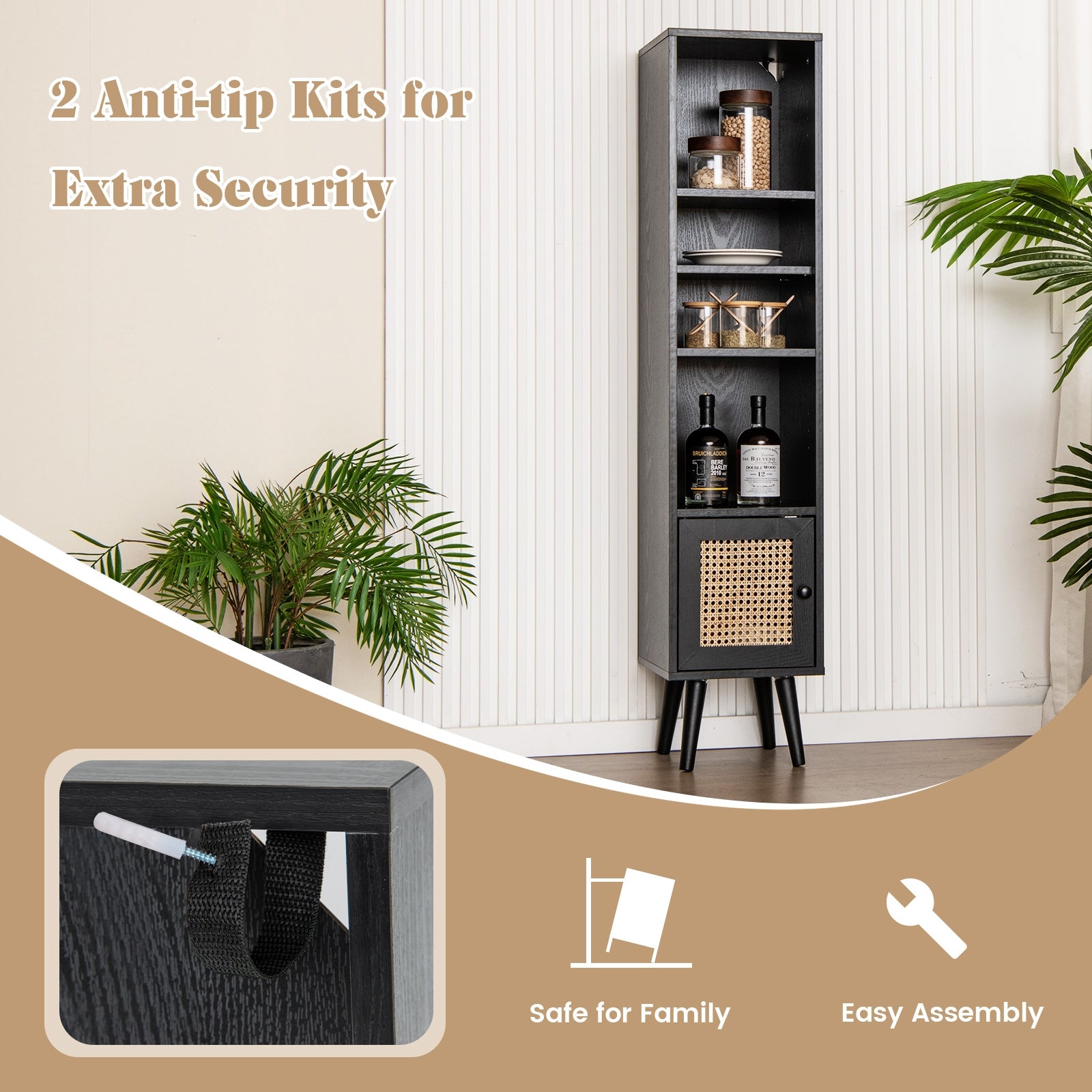 4 Tiers Rattan Storage Cabinet with Slim Design, Black Cabinets & Chests at Gallery Canada