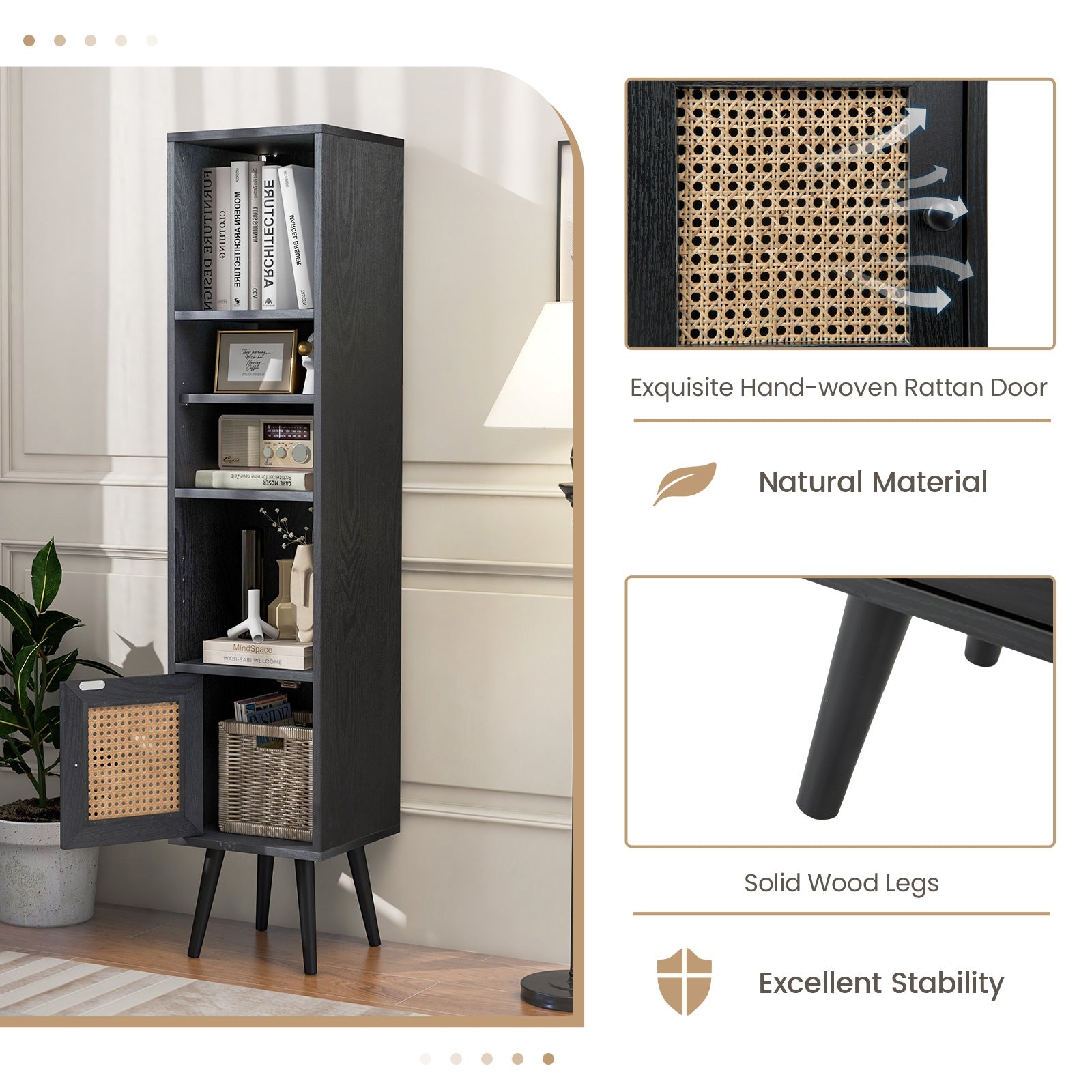 4 Tiers Rattan Storage Cabinet with Slim Design, Black Cabinets & Chests at Gallery Canada