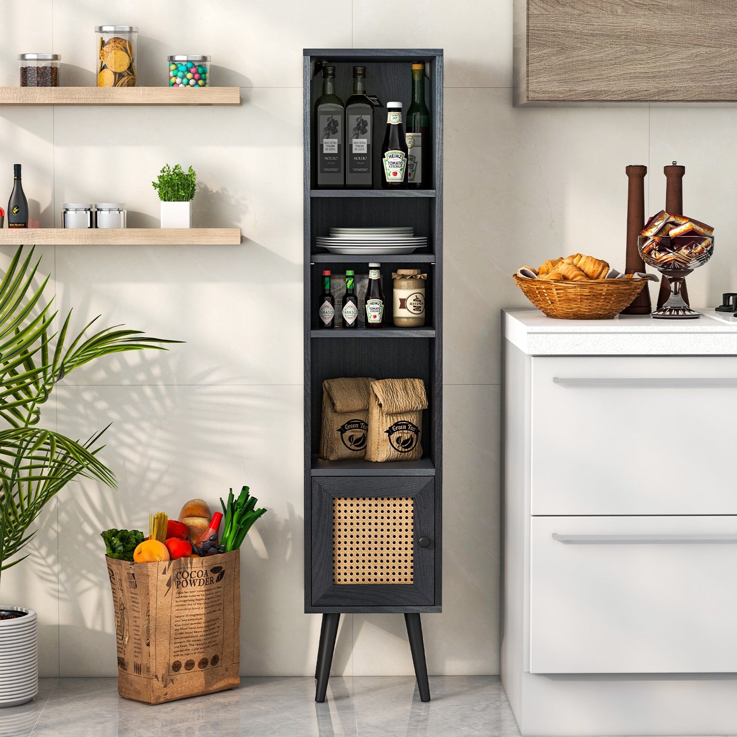 4 Tiers Rattan Storage Cabinet with Slim Design, Black Cabinets & Chests at Gallery Canada