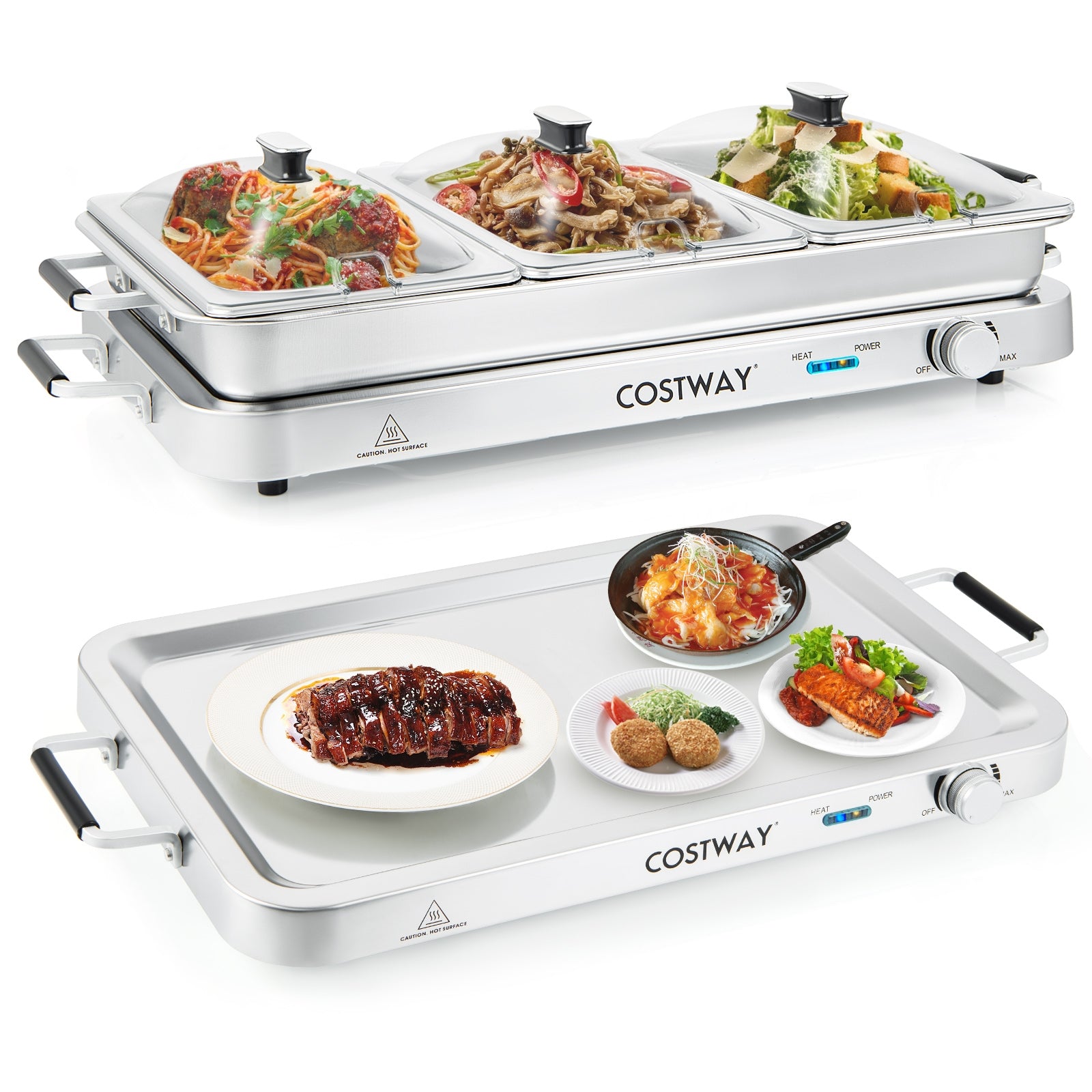 2 in 1 Electric Warming Tray with Temperature Control, Silver Food Warmers & Burners at Gallery Canada