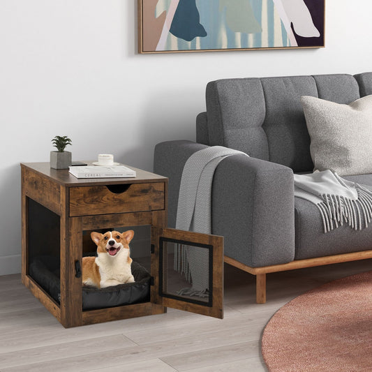 Furniture Style Dog Kennel with Drawer and Removable Dog Bed, Coffee - Gallery Canada