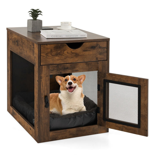 Furniture Style Dog Kennel with Drawer and Removable Dog Bed, Coffee - Gallery Canada