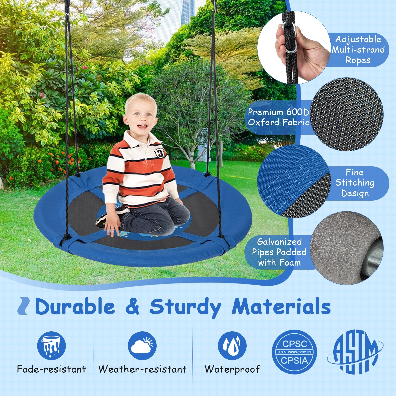 40 Inches Saucer Tree Swing with Adjustable Hanging Ropes and 900D Oxford Fabric-Whale Swing & Playsets at Gallery Canada