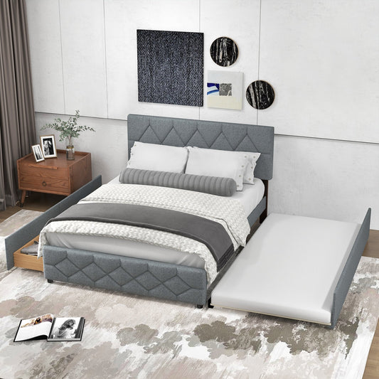 Queen Upholstered Platform Bed with Trundle and 2 Drawers No Box Spring Needed Noise Free, Gray - Gallery Canada