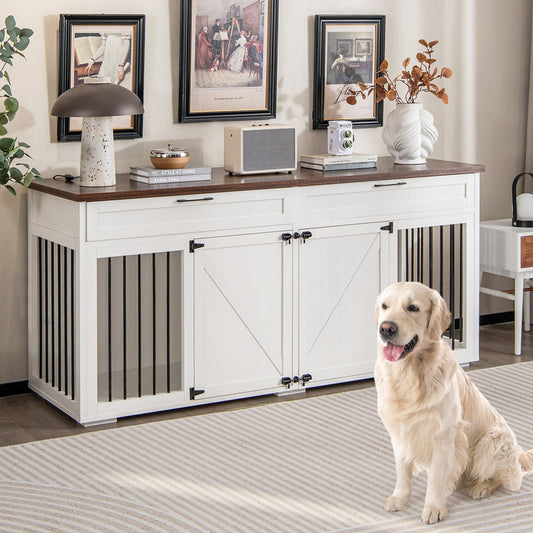 Double Dog Crate Furniture Large Breed Wood Dog Kennel with Room Divider, White - Gallery Canada