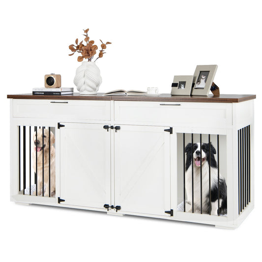 Double Dog Crate Furniture Large Breed Wood Dog Kennel with Room Divider, White - Gallery Canada
