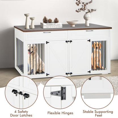 Double Dog Crate Furniture Large Breed Wood Dog Kennel with Room Divider, White