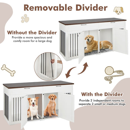 Double Dog Crate Furniture Large Breed Wood Dog Kennel with Room Divider, White