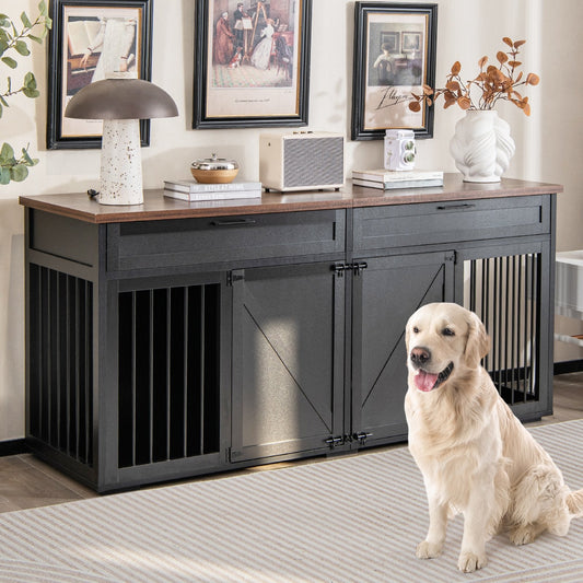 Double Dog Crate Furniture Large Breed Wood Dog Kennel with Room Divider, Black - Gallery Canada