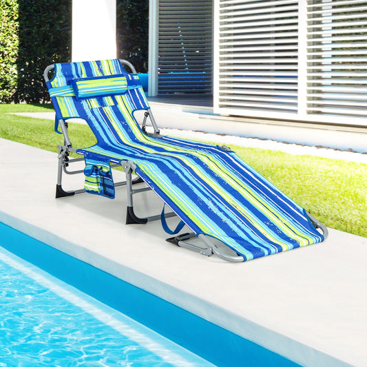 Folding Beach Lounge Chair with Pillow for Outdoor, Blue & Green Outdoor Chaise Lounges Blue & Green at Gallery Canada