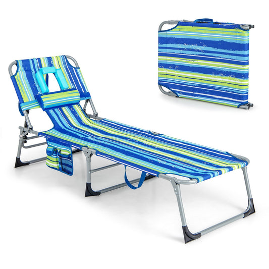 Folding Beach Lounge Chair with Pillow for Outdoor, Blue & Green