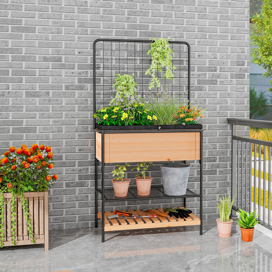 Raised Garden Bed with Trellis 2-tier Storage Shelves, Natural - Gallery Canada