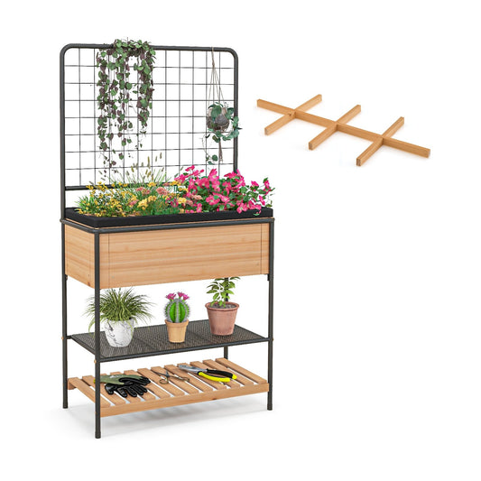 Raised Garden Bed with Trellis 2-tier Storage Shelves, Natural - Gallery Canada