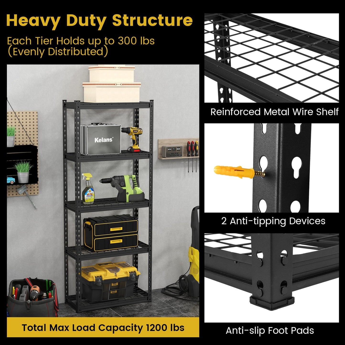 5-Tier Heavy Duty Wire Storage Racks with Anti-slip Foot Pad, Black