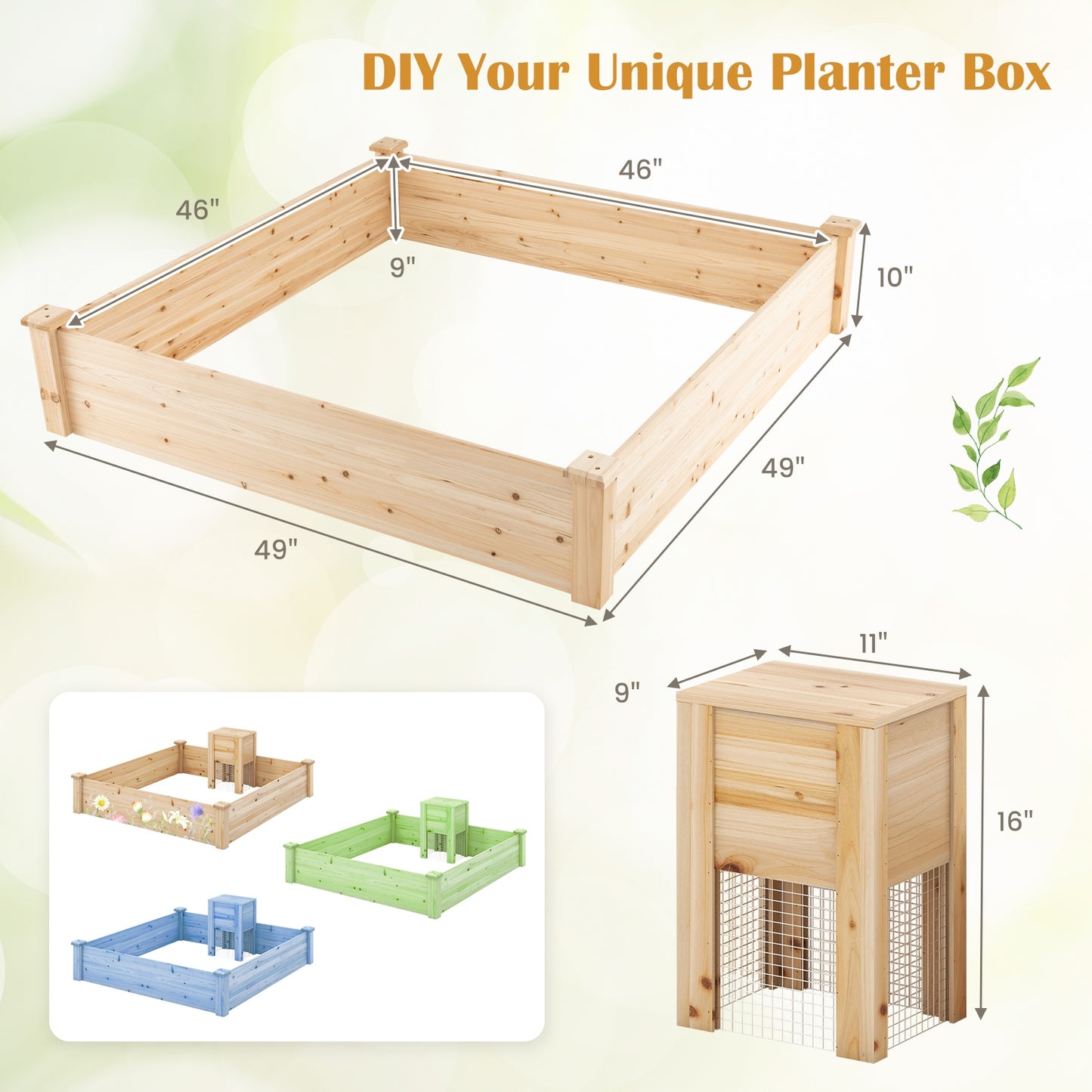 49 x 49 x 10 Inch Raised Garden Bed with Compost Bin and Open-ended Bottom, Natural Raised Garden Beds at Gallery Canada