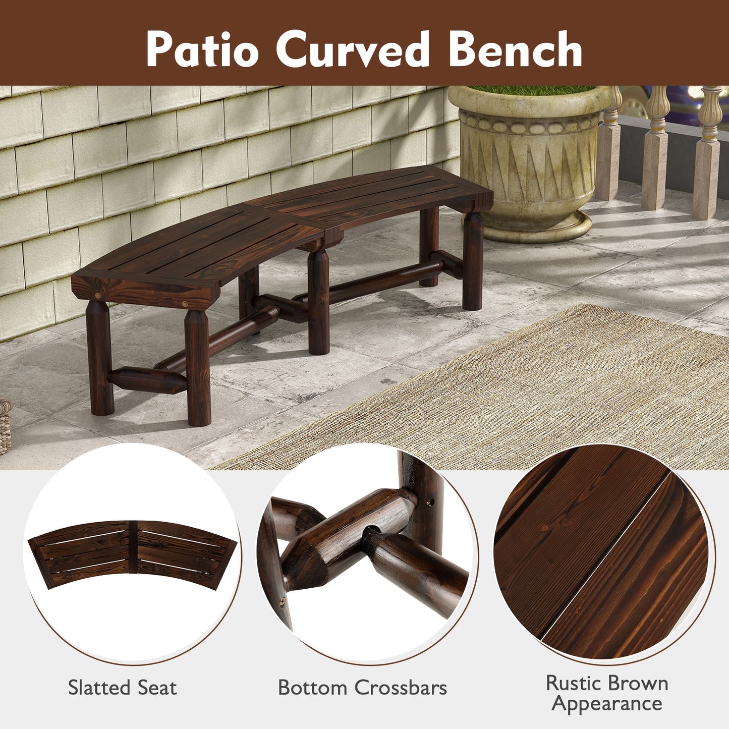 Patio Curved Bench for Round Table Spacious and Slatted Seat, Rustic Brown Beach & Lawn Chairs at Gallery Canada