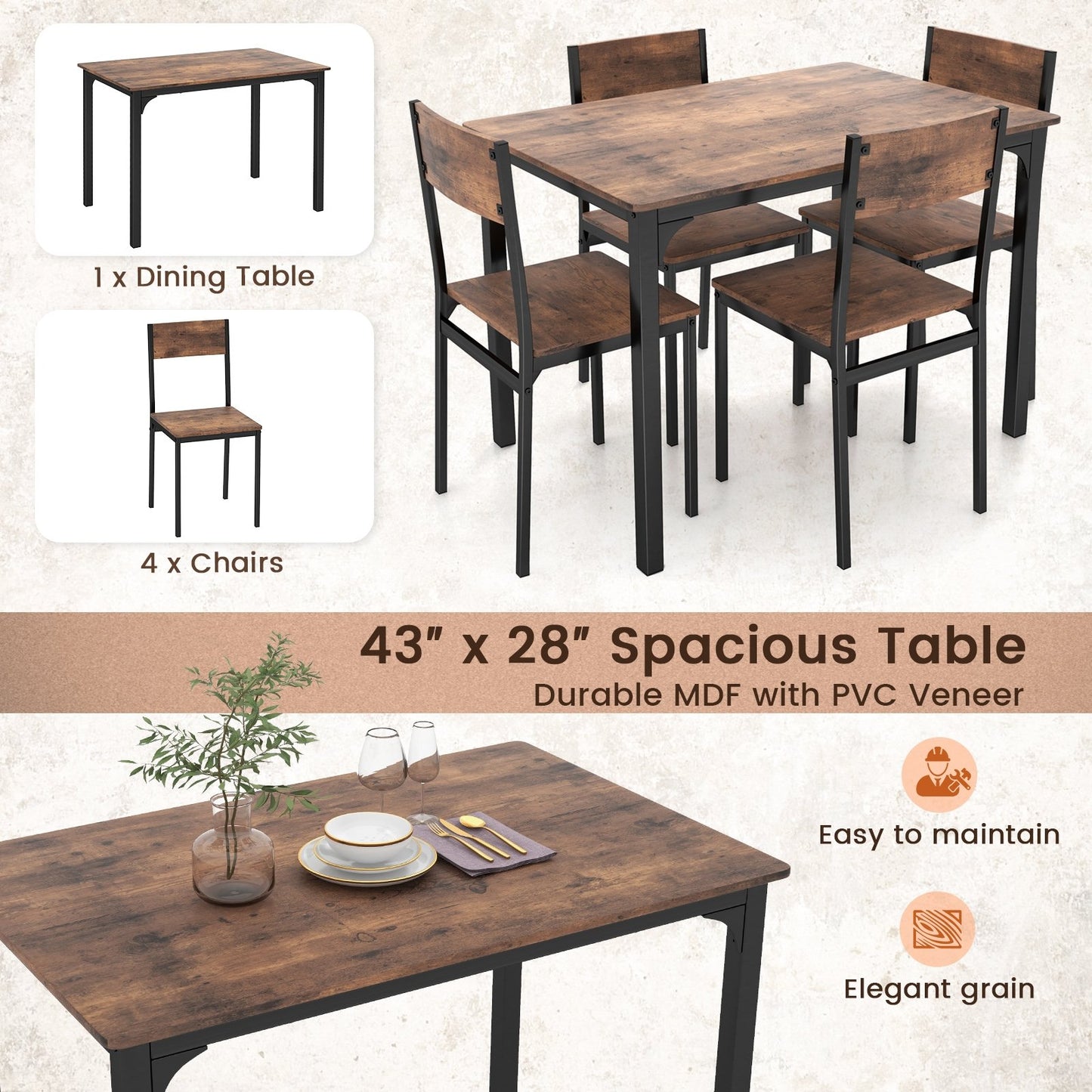 5 Piece Dining Table Set Industrial Style Kitchen Table and Chairs for 4, Rustic Brown - Gallery Canada