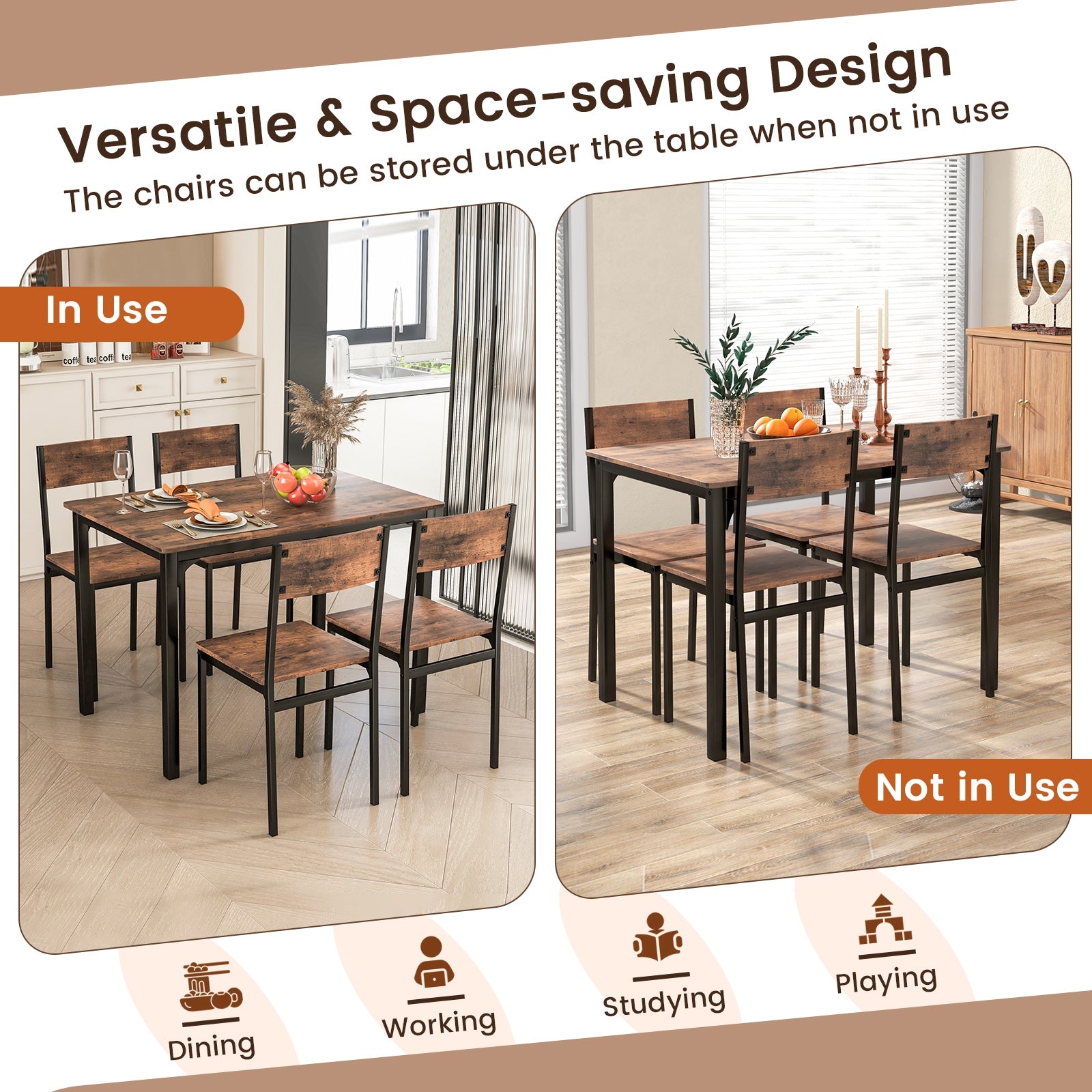 5 Piece Dining Table Set Industrial Style Kitchen Table and Chairs for 4, Rustic Brown Dining Room Sets at Gallery Canada