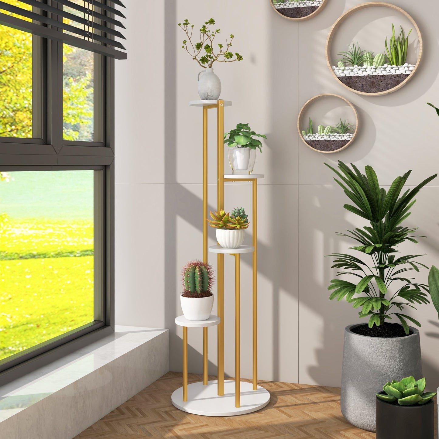Indoor Metal Plant Stand Corner Plant Shelf for Potted Plant with Golden Metal Frame, White