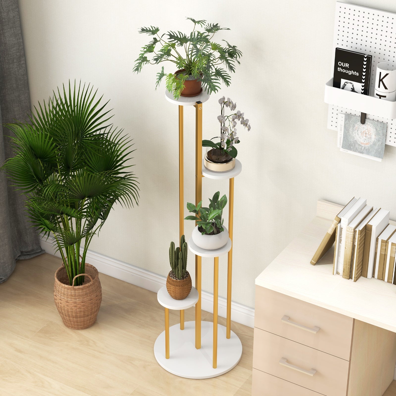 Indoor Metal Plant Stand Corner Plant Shelf for Potted Plant with Golden Metal Frame, White Plant Stands at Gallery Canada