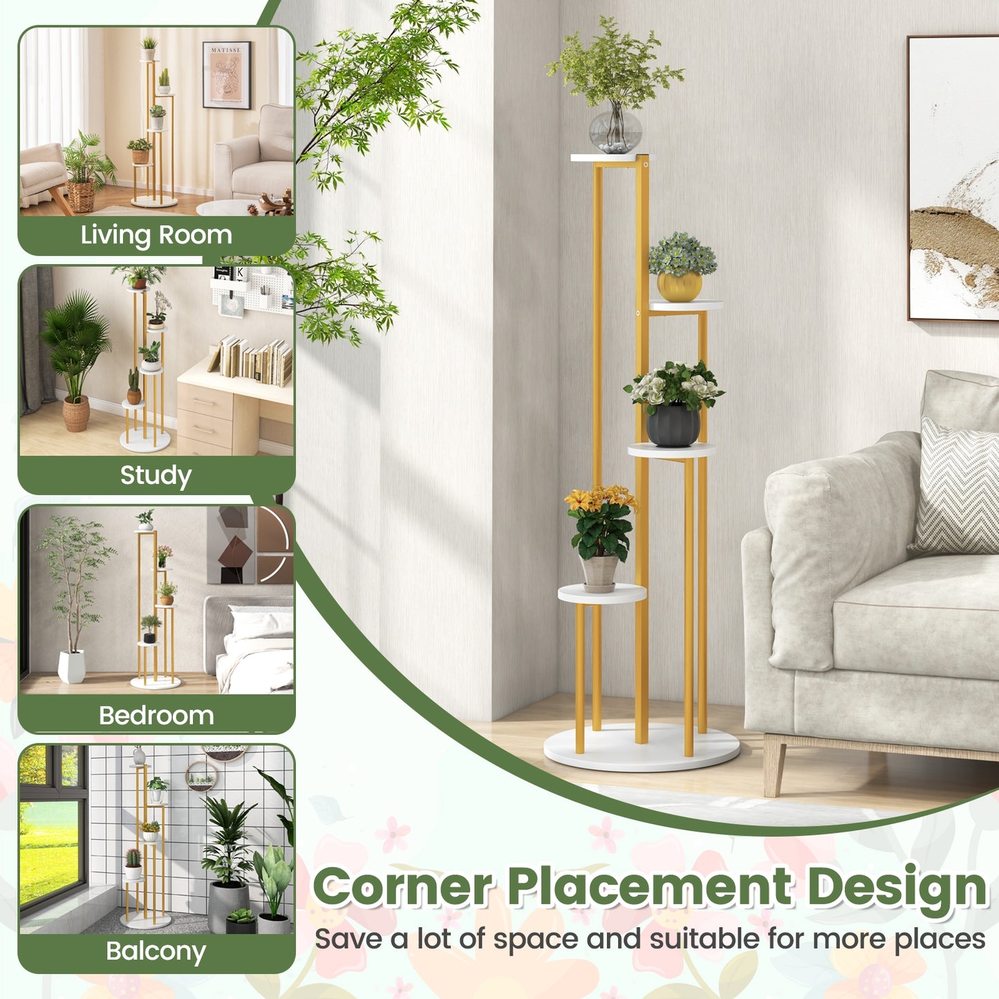 Indoor Metal Plant Stand Corner Plant Shelf for Potted Plant with Golden Metal Frame, White Plant Stands at Gallery Canada