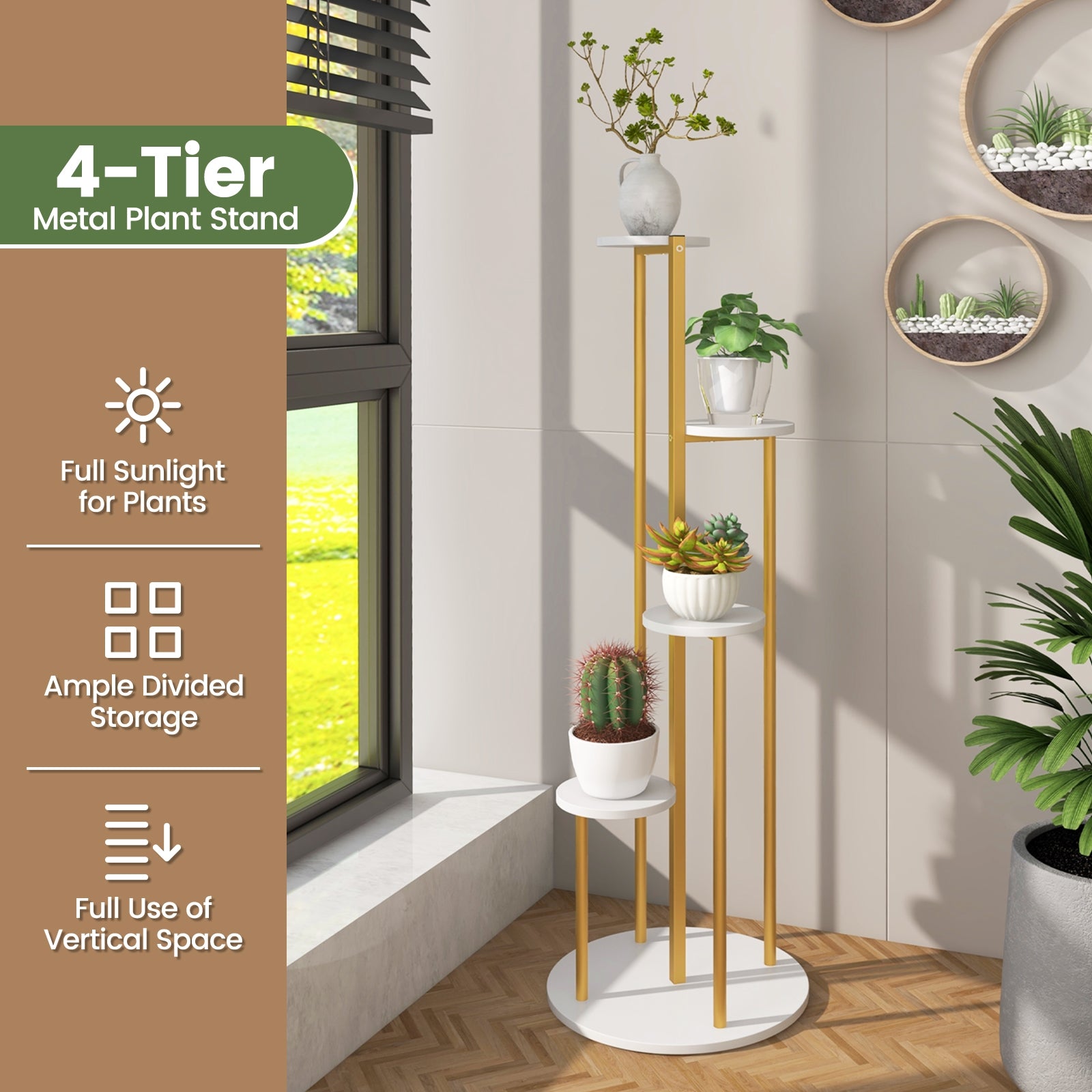 Indoor Metal Plant Stand Corner Plant Shelf for Potted Plant with Golden Metal Frame, White Plant Stands at Gallery Canada