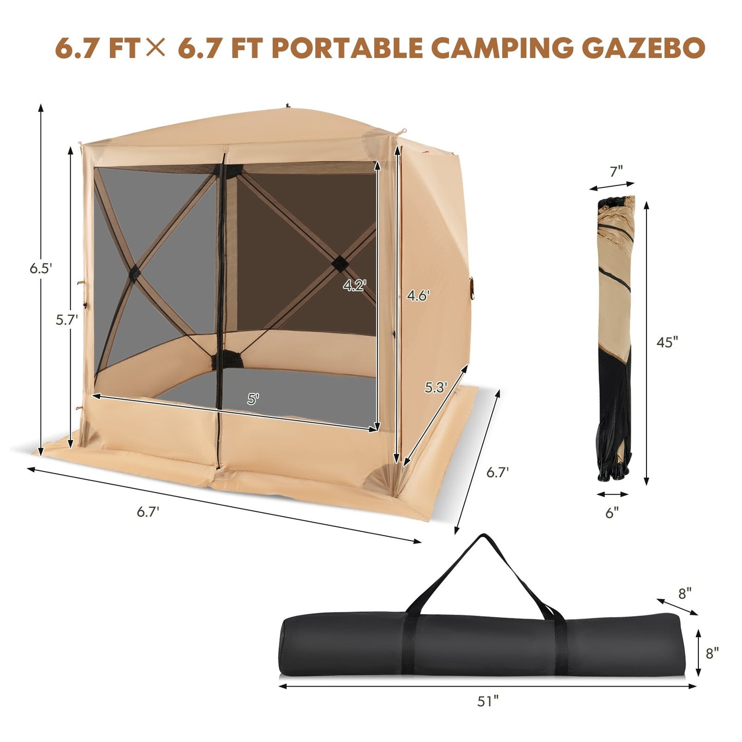 6.7 x 6.7 Feet Pop Up Gazebo with Netting and Carry Bag, Coffee