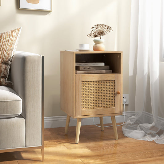 Rattan Nightstand with Charging Station Bedside Table with USB Ports and PE Rattan Door, Natural - Gallery Canada