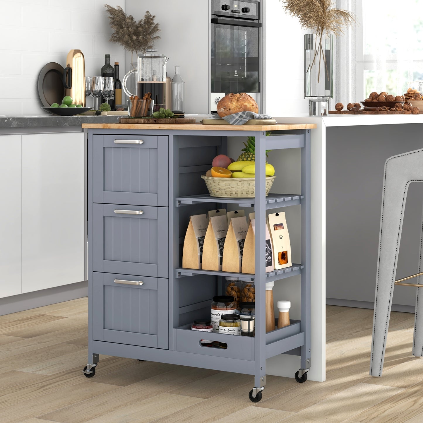 Kitchen Island Cart on Wheels with Rubber Wood Top and 3 Drawersand Removable Tray, Gray Kitchen Islands & Carts at Gallery Canada