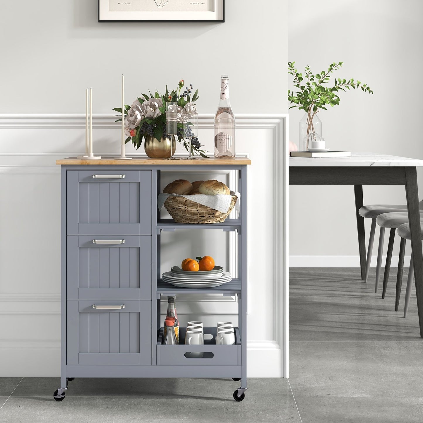 Kitchen Island Cart on Wheels with Rubber Wood Top and 3 Drawersand Removable Tray, Gray