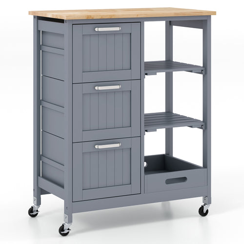 Kitchen Island Cart on Wheels with Rubber Wood Top and 3 Drawersand Removable Tray, Gray